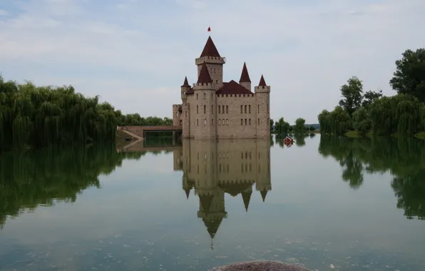 Пруд, отражение, замок, архитектура