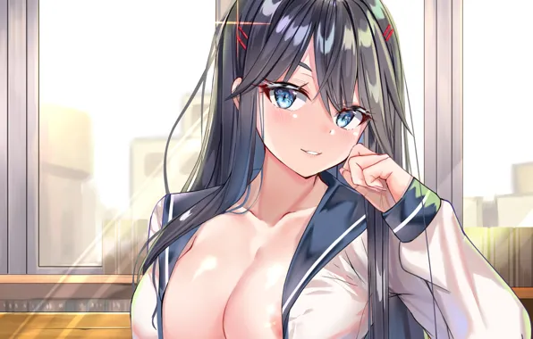 Girl, sexy, cleavage, school uniform, long hair, boobs, anime, blue eyes