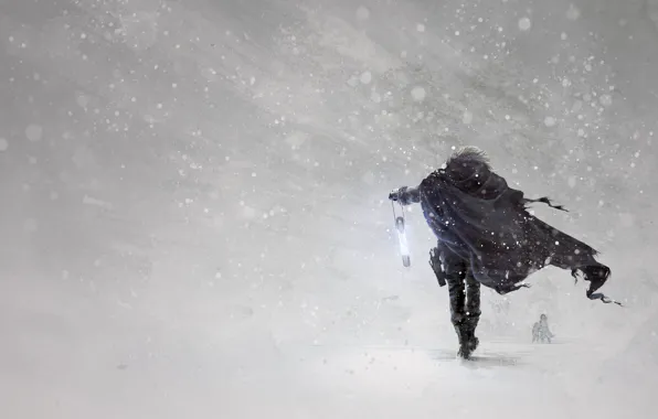Картинка зима, снег, оружие, арт, герой, фонарик, плащ, вьюга