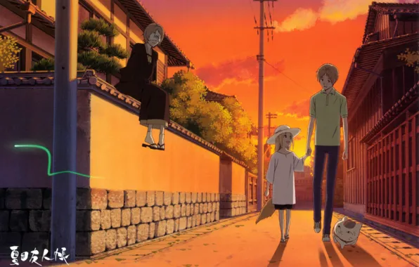 Кот, деревья, улица, столбы, забор, вечер, прогулка, natsume yuujinchou