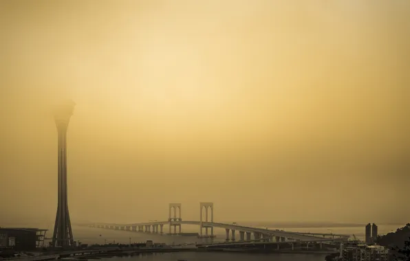 Картинка небо, мост, туман, пролив, башня