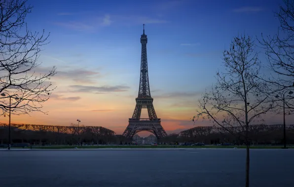 Деревья, закат, Франция, Париж, Эйфелева Башня, Paris, France, Eiffel Tower