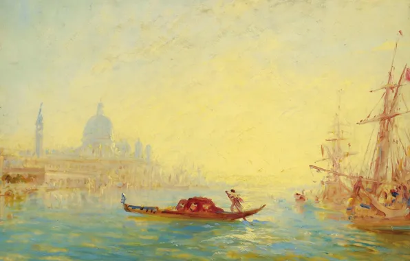 Картинка пейзаж, лодка, корабль, картина, канал, гондола, Венеция. Гранд-канал, Felix Ziem