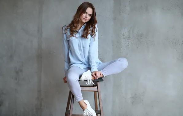 Girl, pretty, cute, sneakers, stool, denim