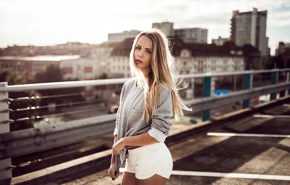 Лето, взгляд, девушка, мост, город, улица, модель, шорты