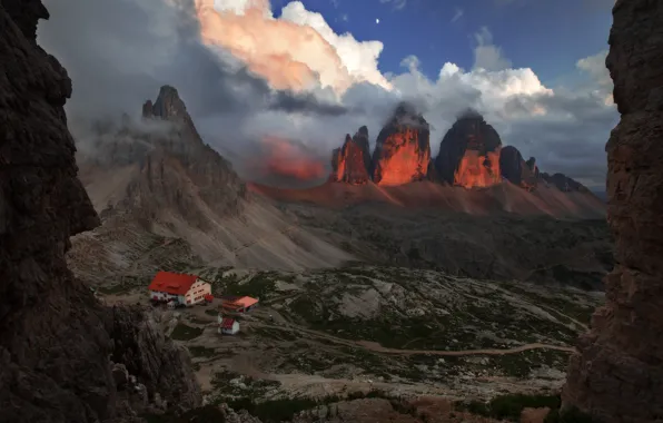 Картинка облака, пейзаж, горы, тучи, природа, скалы, дома, Италия