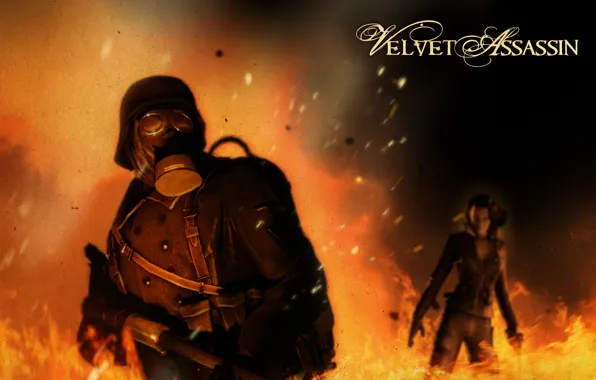 Картинка девушка, мужик, velvet assassin, в противогазе