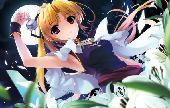 Картинка девушка, цветы, ночь, луна, часы, лилия, арт, misaki kurehito