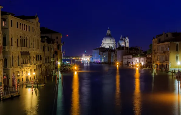 Ночь, Италия, Венеция, собор, канал, Санта-Мария-делла-Салюте