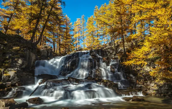 Осень, деревья, река, Франция, водопад, каскад, France, Clarée River