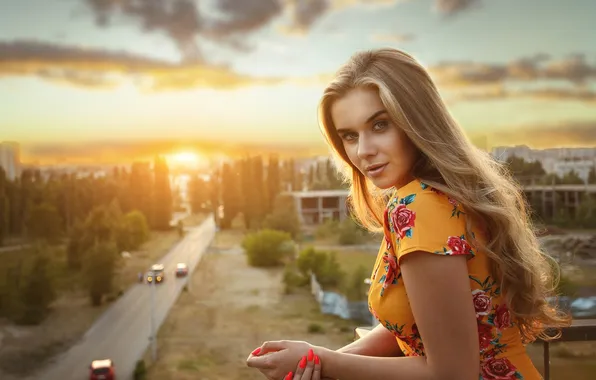 Дорога, лето, взгляд, девушка, город, улица, модель, здания