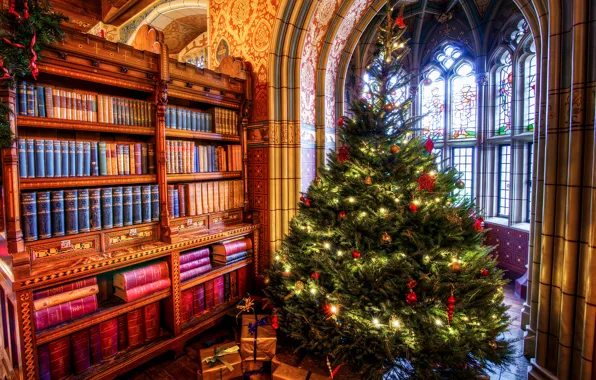 Картинка комната, книги, елка, окно, Рождество, подарки, арка, Новый год