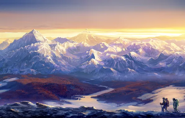 Картинка небо, снег, горы, скалы, лыжи, рюкзаки, туристы