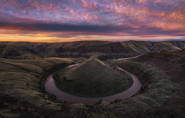 Картинка река, скалы, холмы, вечер, утро, каньон, США