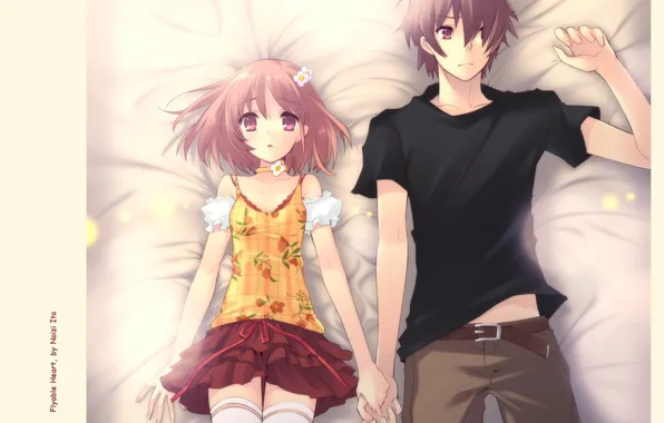 Девочка, постель, двое, art, смущение, visual novel, noizi ito, flyable heart