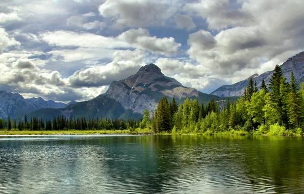 Лес, облака, горы, озеро, Канада, Альберта, Alberta, Canada