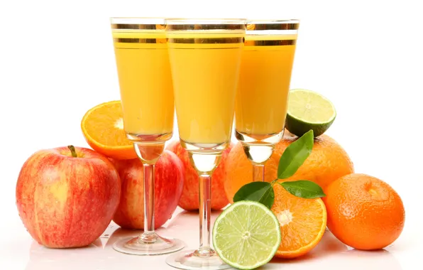 Картинка яблоки, апельсины, бокалы, сок, лайм, фрукты