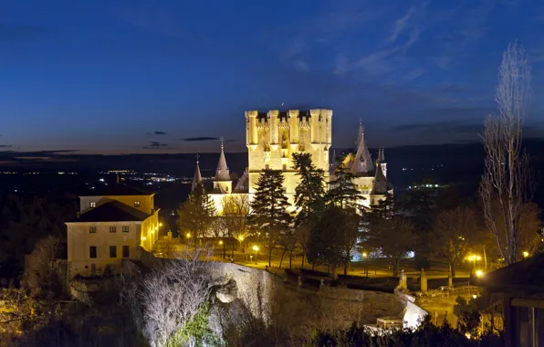 Фото, Ночь, Город, Замок, Фонари, Испания, Alcazar Segovia