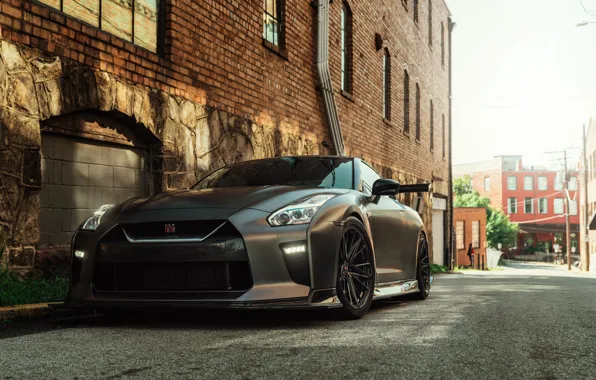 Nissan, Front, Grey, R35, Building, Road, Nissan GTR, Town