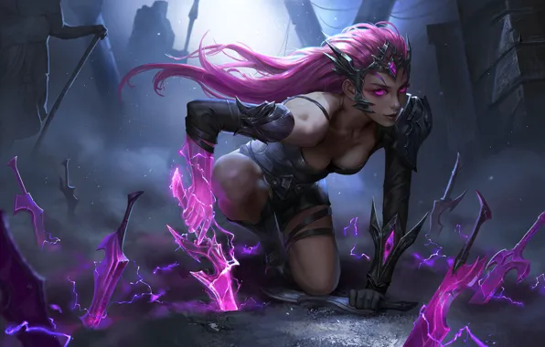 Картинка dark, girl, fantasy, cleavage, pink hair, armor, Warrior, weapons