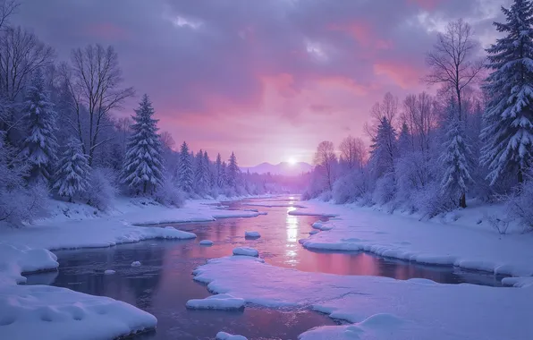 Картинка зима, лес, снег, река, елки, forest, nature, winter