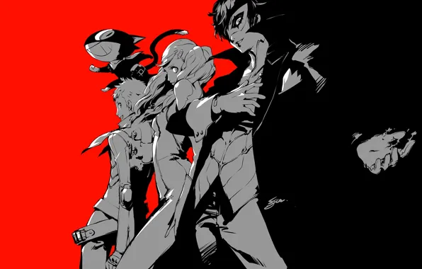 Картинка красный, Persona 5, игра, персонажи, арт, аниме, чёрный, персона