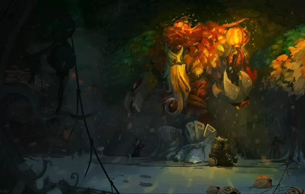 Картинка лес, деревья, арт, фонарь, Dota 2, крипы, Treant Protector