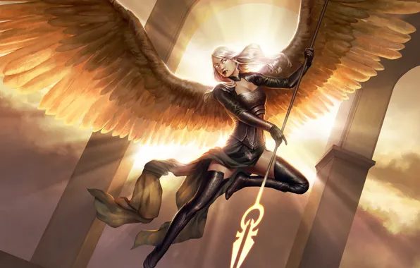 Девушка, свет, полет, поза, оружие, крылья, ангел, фэнтези