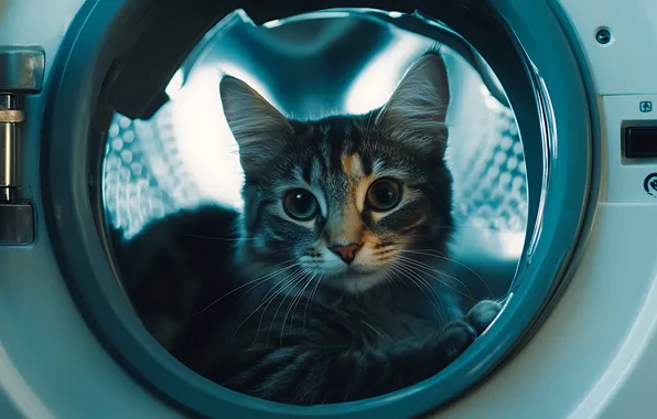 Кошка, взгляд, поза, котенок, серый, лежит, мордашка, стиралка
