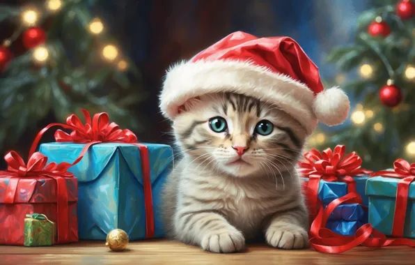 Кошка, взгляд, шарики, ветки, поза, котенок, рисунок, котик
