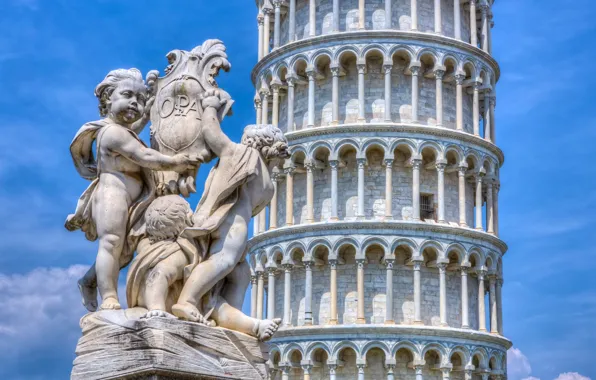 Башня, Италия, скульптура, Пиза, Italy, Pisa, Пизанская башня, Leaning Tower of Pisa