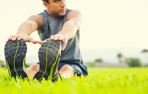 Картинка grass, slippers, outdoors, man stretching