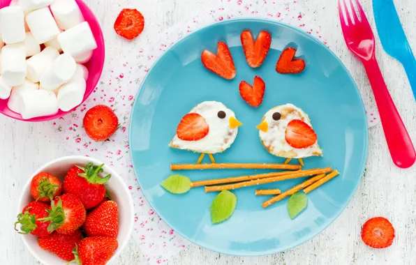 Ягоды, завтрак, клубника, breakfast, зефир, бутерброды, Valentines Day, Маршмэллоу