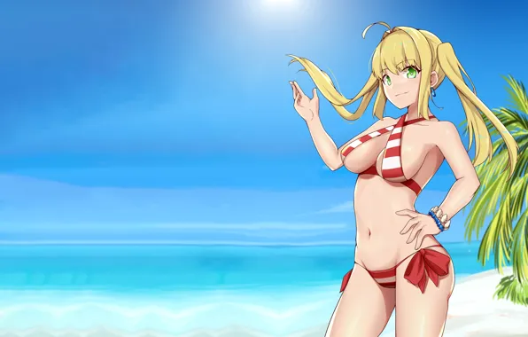 Girl, sexy, cleavage, beach, long hair, sea, boobs, anime