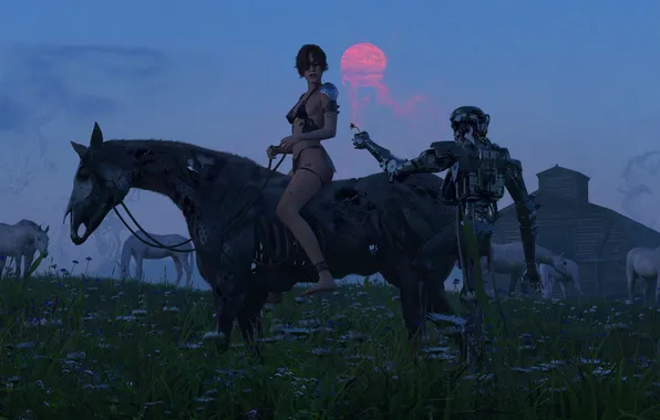 Woman, horses, future art, Digital 3D, robot and girl, shuo SHI, Shadow of the Sun …