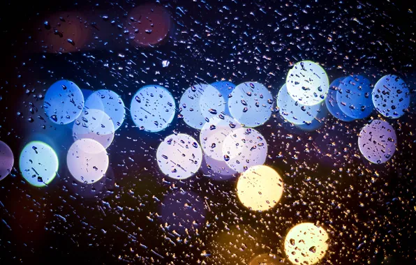Капли, ночь, дождь, фонари