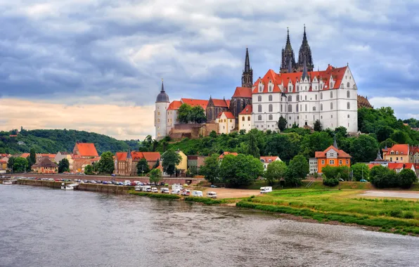 Деревья, река, замок, транспорт, берег, дома, Германия, Albrechtsburg castle