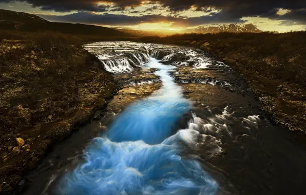 Картинка закат, река, водопад, каскад, Исландия, Iceland, Bruarfoss, Arnessysla