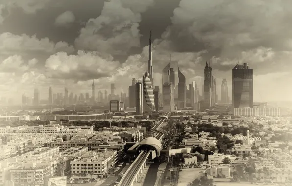 Картинка облака, город, Дубай, Dubai, ОАЭ, башня Бурдж-Халифа, песчаный город