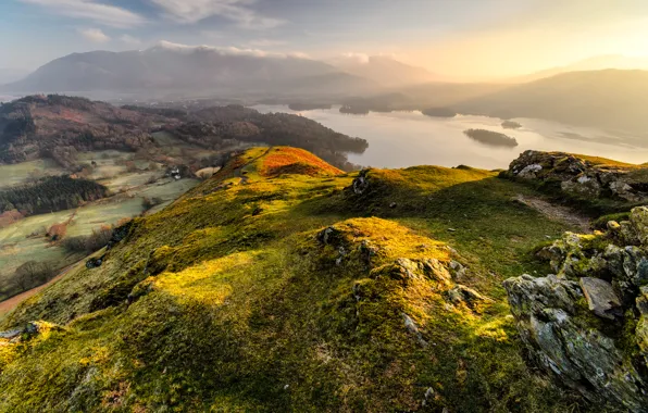 Картинка свет, горы, холмы, утро, озёра, Англии, графство Камбрия, национальный парк Озёрный край