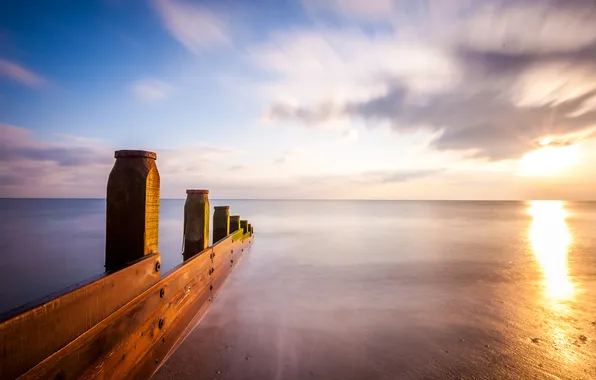 Море, закат, берег, Англия, вечер, выдержка, опоры, Shoreham beach