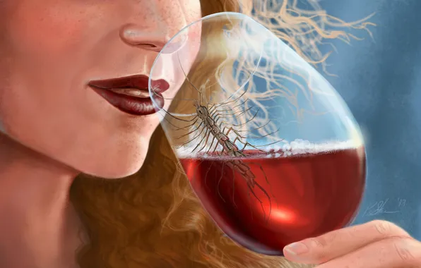 Картинка девушка, вино, бокал, арт, губы, насекомое
