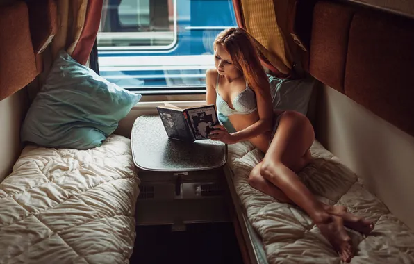 Девушка, купе, вагон, книга, нижнее бельё, Георгий Чернядьев
