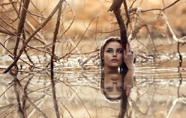 Картинка девушка, озеро, отражение, ветви, photographer, Alessandro Di Cicco