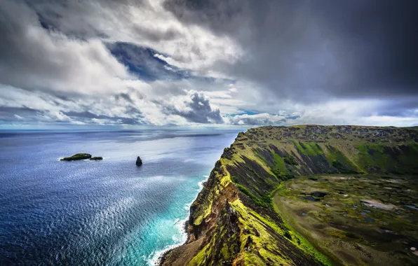 Скалы, побережье, Чили, Easter Island, Ranu Kau