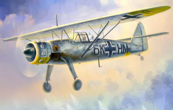 Картинка war, art, airplane, painting, aviation, ww2, Henschel Hs 126