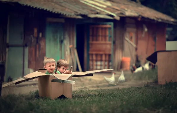 Природа, дети, коробка, игра, дома, деревня, двор, самолёт