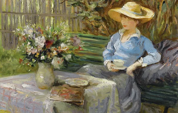 Картинка цветы, стол, букет, картина, ваза, жанровая, Марсель Диф, сидящая на скамейке