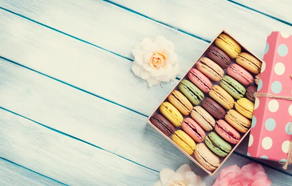 Цветы, подарок, colorful, wood, pink, flowers, macarons, gift box