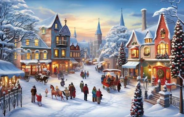 Картинка зима, снег, украшения, елка, Новый Год, деревня, Рождество, домики
